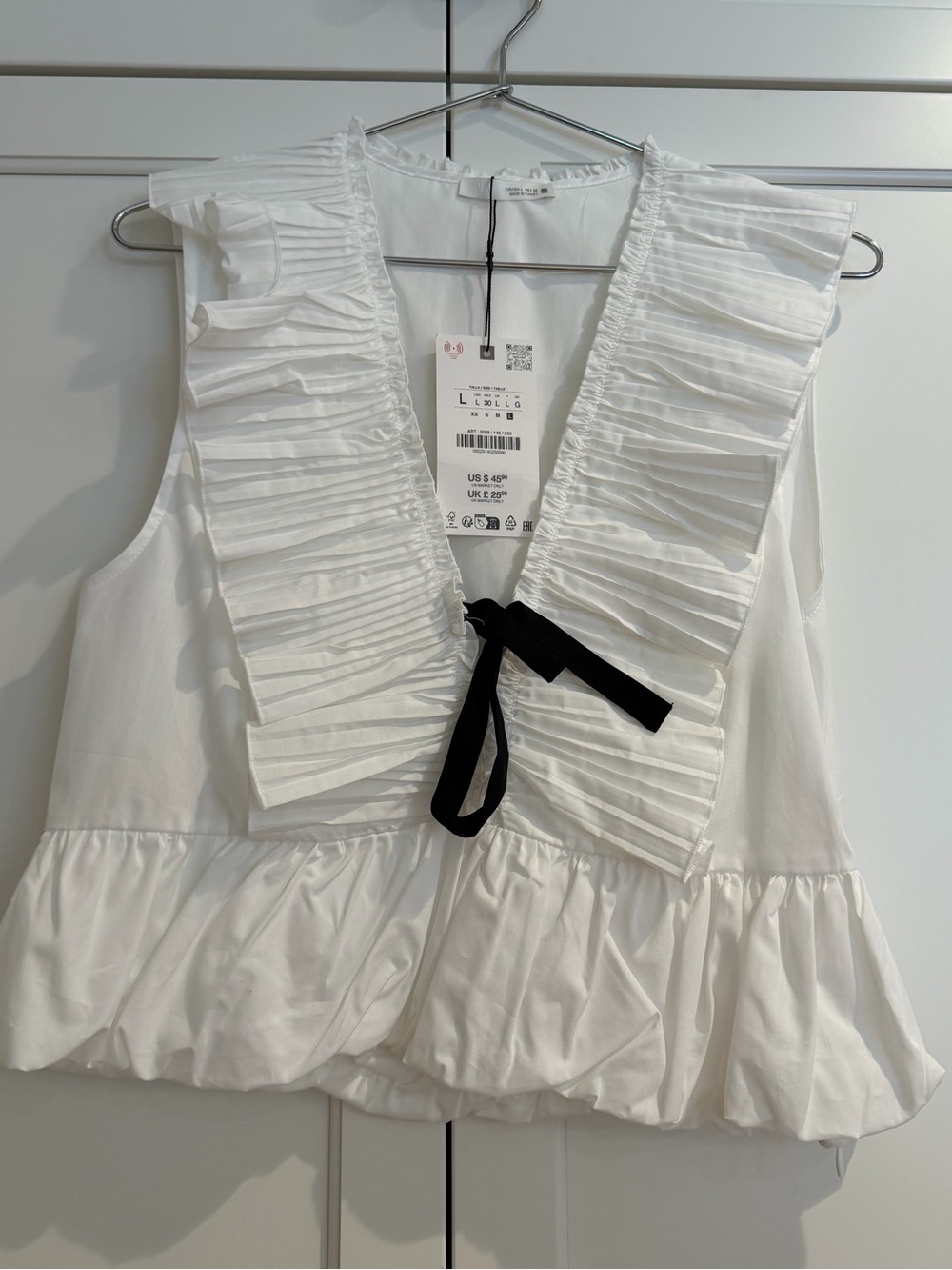 Zara White Ruffled V-Neck Camisole with Black Tie